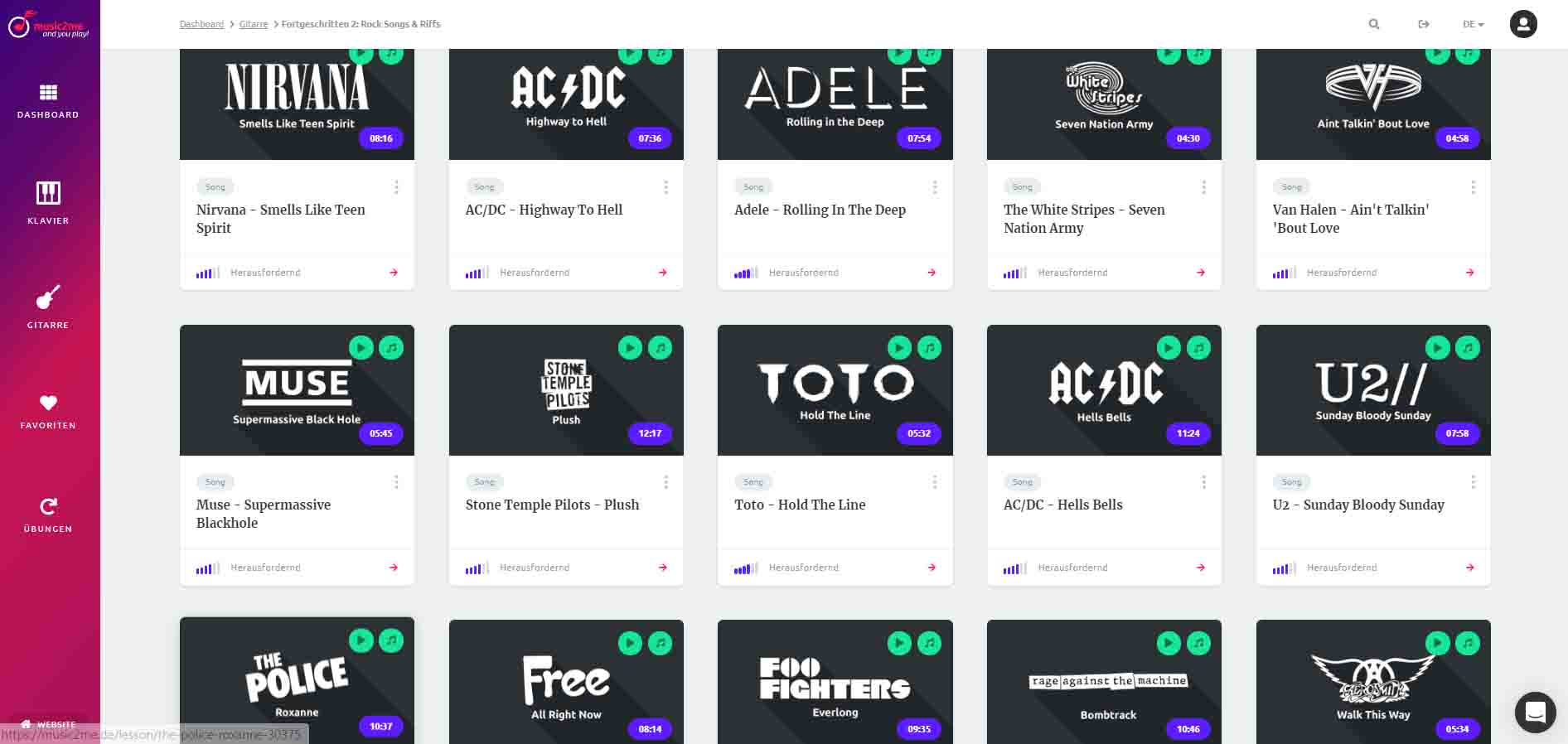 music2me Songlist des Online-Gitarrenkurses